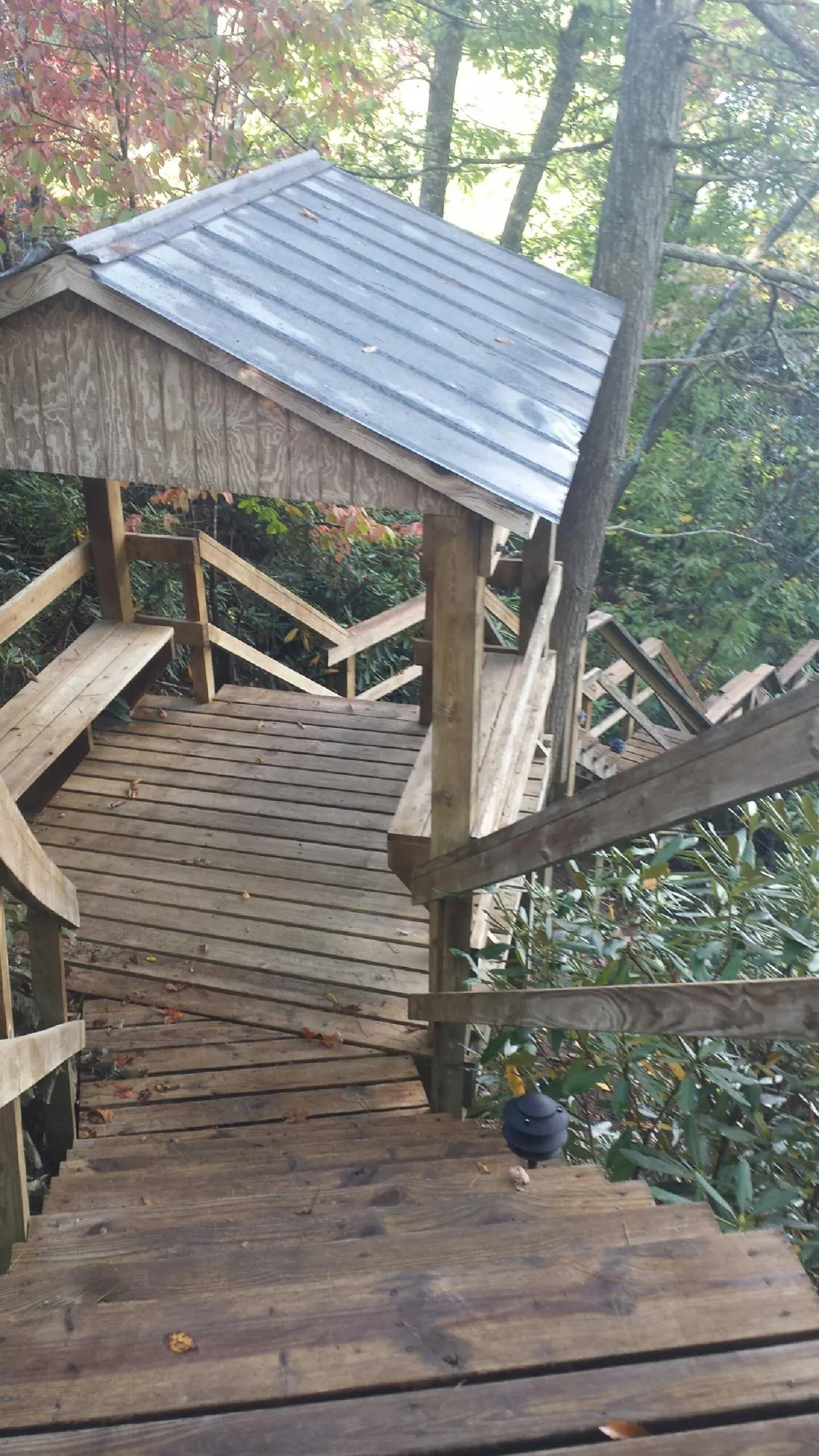 Metal roofed shelter over wooden steps on a wooded walkway — Skylight Repair & Installation work by our crew in Woodruff